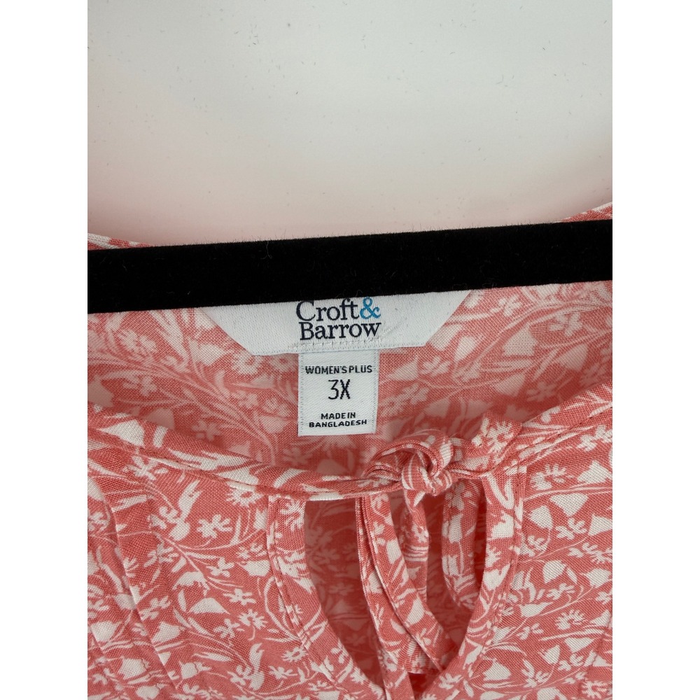 Croft & Barrow Womens 3X Coral Floral Pintuck Tie Neck Rayon Blouse WC34W201PP - Picture 2 of 7